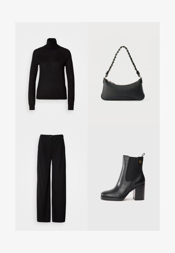 Pull à col roulé noir en tissu tricot léger. Avec des manches longues et une silhouette ajustée dotée de coutures raglan.; Pantalons large en noir avec un tissu tissé lisse ; dotés d'une fermeture à bouton et d'un design plissé pour une silhouette structurée.; Bottines en cuir noir avec talon bloc, panneau élastique sur les côtés, languette d'enfilage et petit logo doré sur le dessus.; Sac à bandoulière en cuir noir de forme rectangulaire incurvée, avec une chaîne dorée tissée dans la bandoulière noire tressée et une fermeture éclair sur le dessus.