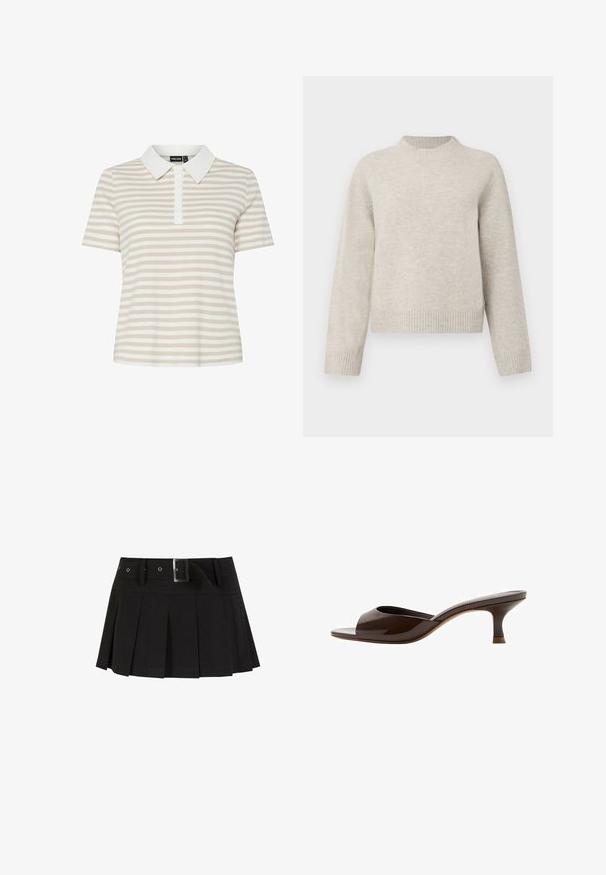 Lysegrå, chunky striktrøje med rund halsudskæring, dropped shoulders og ribbede manchetter og kant. Blød tekstur, afslappet pasform.; Krave kortærmet polo shirt med skiftende lys beige og hvide striber, med knaplukning og ribbet tekstur.; Sort plisseret nederdel med et bælte. Fremstillet af et glat stof, med en sølv spænde, og en struktureret talje for ekstra stil.; Brun åben-tå mule med lav kattehæl og blank finish, set fra siden på hvid baggrund.