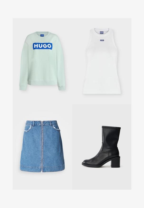 Svetlo mätový dlhý rukáv s modrým obdĺžnikovým logo záplatom zobrazujúcim biely text "HUGO" na hrudi.; Biele priliehavé tielko bez rukávov s okrúhlym výstrihom a malou modrou nášivkou s logom HUGO na hrudi a vo vnútri goliera.; Svetlomodrá džínová sukňa s predným zipsom, rozstrapkanými okrajmi vreciek a rovnostranným strihom. Okraj je mierne zakrivený.; Čierne kožené členkové topánky s okrúhlou špičkou, hladkou textúrou a robustným podpätkom, s priliehavým zvrškom a jemným prešívaním.
