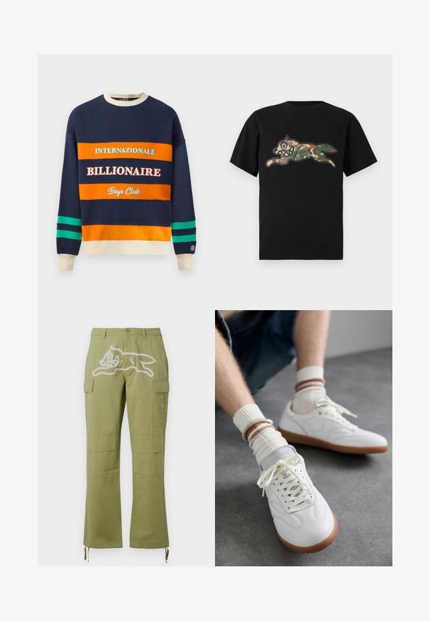 Sudadera navy con rayas naranjas y verdes. Presenta el texto "INTERNATIONALE", "BILLIONAIRE" y "Boys Club" en fuentes contrastantes. Rayas verticales en las mangas.; Icecream CAMO RUNNING DOG WOODLAND - Camiseta estampada - black; Icecream RUNNING DOG PANTS - Pantalones cargo - green; Zapatillas de cuero blanco con una textura suave, detalles en gamuza gris, suelas de goma beige y cordones planos. Combinadas con calcetines a rayas en tonos crema y marrón.