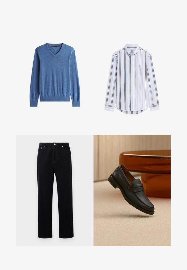 Suéter azul de cuello en V hecho de un material de punto suave. Presenta puños y dobladillo acanalados, con un pequeño logo en el lado izquierdo del pecho. Diseño sencillo y sin costuras.; Camisa de manga larga con botones, con rayas verticales en azul, blanco, negro y rosa y un pequeño logo en el pecho izquierdo.; Pantalones de pana negra con diseño de pierna recta, que cuentan con un cierre de botón y cremallera, cinco bolsillos y un tejido suave y texturizado.; Mocasín de hombre de cuero negro con una banda en la parte superior, exhibido sobre una alfombra beige cerca de una mesa circular moderna marrón.