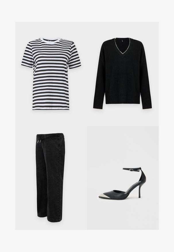 Suéter negro de gran tamaño con escote en V pronunciado, textura acanalada y mangas largas. Costuras claras notables alrededor del escote.; Camiseta de rayas negras y blancas hecha de algodón suave, con cuello redondo y mangas cortas, con rayas horizontales uniformemente espaciadas.; Pantalones de denim negro con un ajuste relajado, que cuentan con una cintura elástica con cordón, bolsillos laterales y perneras rectas.; Zapato de tacón alto negro con punta puntiaguda, puntera metálica plateada y correa al tobillo con cierre de hebilla sobre fondo blanco.
