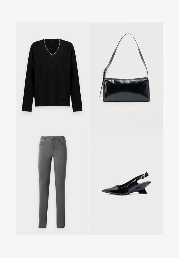 Pull noir oversize avec un col en V profond, texture côtelée et manches longues. Coutures claires notables autour de l'encolure.; Jean skinny en denim gris avec une coupe ajustée, style cinq poches et une fermeture à bouton métallique unique au niveau de la taille.; Chaussure slingback en cuir verni noir avec bout pointu et petit talon bloc incliné sur fond clair uni.; Sac d'épaule rectangulaire noir avec une sangle réglable unique et une fermeture éclair supérieure sur un fond uni.