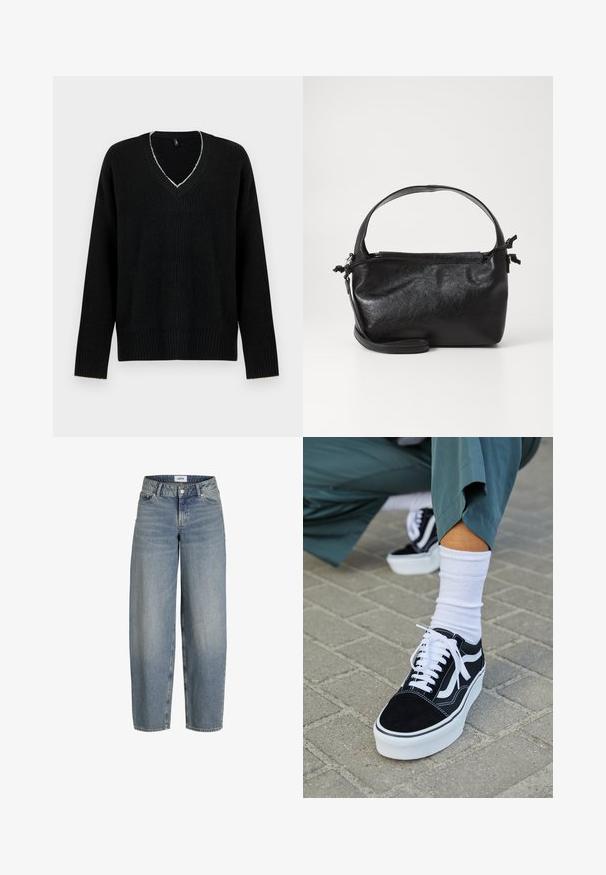 Schwarzer, übergroßer Pullover mit tiefem V-Ausschnitt, gerippter Struktur und langen Ärmeln. Auffällige helle Nähte am Halsausschnitt.; Hellblaue, lässig geschnittene Jeans mit hoher Taille, aus Denimstoff. Verfügt über fünf Taschen und einen klassischen Knopf-und-Reißverschluss.; Schwarze Wildledersneaker mit weißen Akzenten und Schnürsenkeln, ausgestattet mit einer dicken weißen Sohle und kontrastierenden Nähten, kombiniert mit einer weißen Socke.; Schwarze Lederhandtasche mit strukturiertem Design, rundem Haltegriff und abnehmbarem Schulterriemen. Sie weist eine glatte Oberfläche und einen subtilen Glanz auf.
