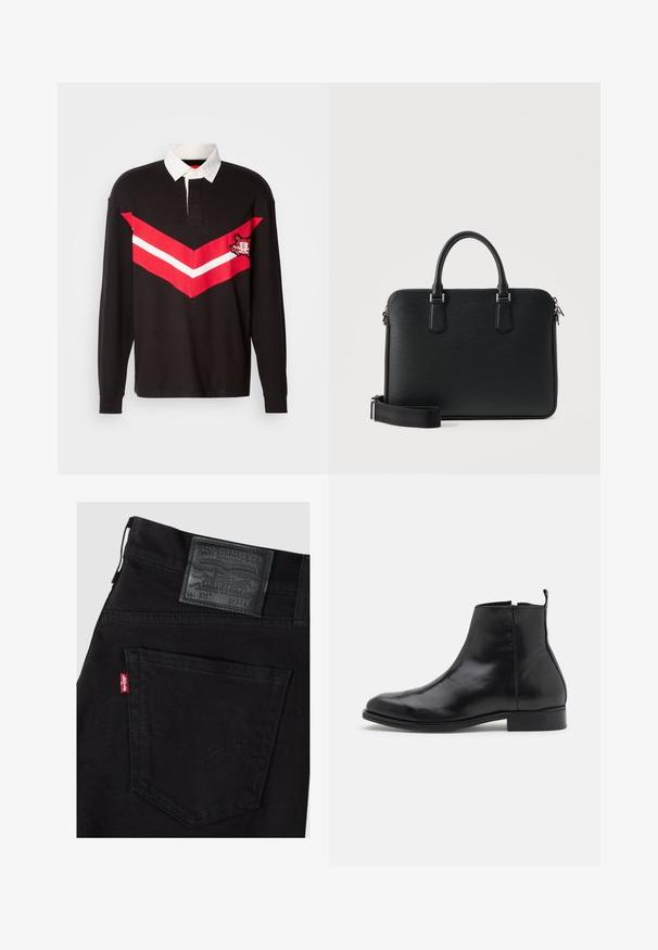 Zwart rugbyshirt met lange mouwen en witte kraag, rood-witte chevronstreep over de borst en geborduurd embleem aan de linkerkant.; Zwarte Levi's jeans met zichtbare rechter achterzak voorzien van een rood Levi's label en een zwart leren merkpatch met maat W32 L.; Zign LEATHER - Lage laarzen - black; Zwarte leren aktetas met dubbele handvatten, afneembare schouderriem en ritssluiting aan de bovenkant, geplaatst tegen een effen lichte achtergrond.