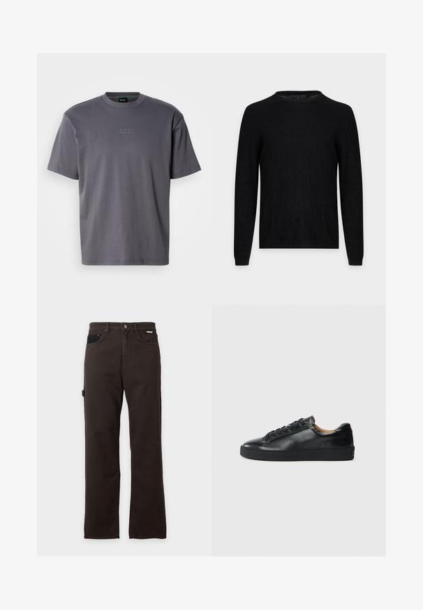 Pull noir à manches longues avec un motif de texte en relief subtil, col rond et poignets côtelés, présenté sur un fond gris clair uni.; T-shirt en coton gris avec col rond, manches courtes et logo "BOSS" en relief sur la poitrine. Texture lisse, coupe décontractée.; Pantalon marron foncé droit avec passants de ceinture, bouton à l'avant, fermeture éclair, poches avant et latérales sur fond uni.; Baskets en cuir noir avec une texture lisse, bout rond et fermeture à lacets. Comprend une semelle en caoutchouc épaisse et un minimum de détails de marque.