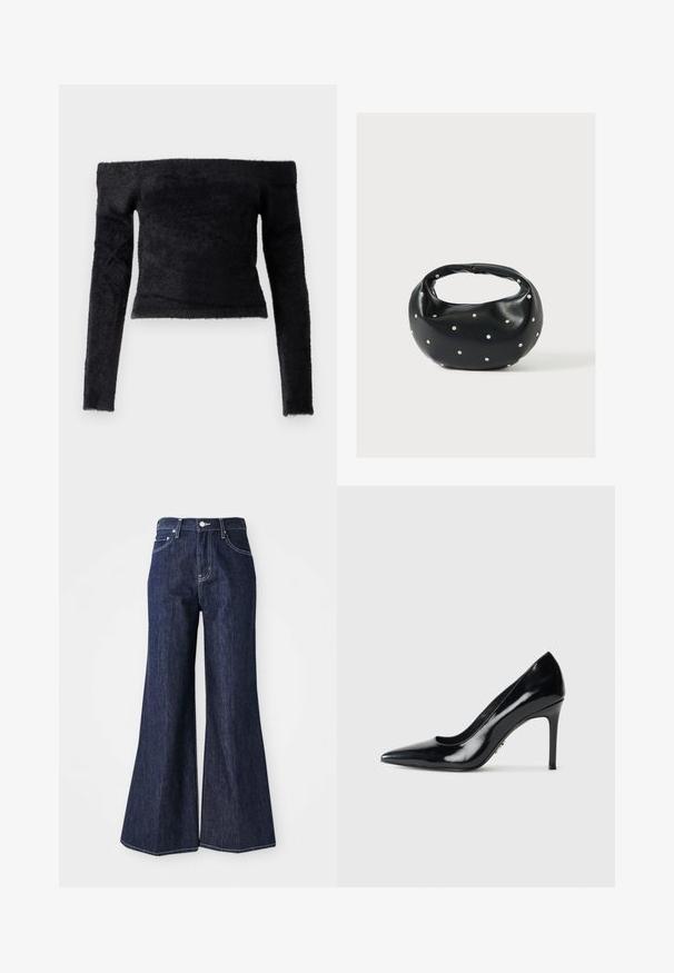 Good American OFF SHOULDER LONG SLEEVE - Džemper - black; Tumedat denimi flärded püksid kõrge vöökohaga, nuppude ja tõmblukuga. Valged õmblused ja laiad jalad loovad struktureeritud silueti.; Mustad nahast terava ninaga kõrgendatud kontsaga kingad, millel on peen stiletto konts, valge tausta peal.; Mustast nahast ümmarguse kujuga käekott, kaunistatud hõbedaste naeladega, lühikese sangaga. Sile tekstuur ja tõmblukuga sulgemine.