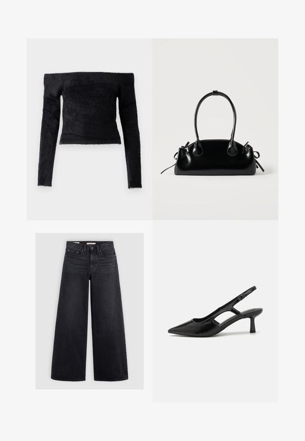 Good American OFF SHOULDER LONG SLEEVE - Strickpullover - black; Schwarze Jeans mit weitem Bein aus Denim, mit hoher Taille, fünf Taschen und dezenten Verwaschungen an der Vorderseite.; Schwarze Slingback-Absätze mit spitzer Zehenpartie, aus glänzendem Material gefertigt, mit ausgeschnittenen Akzenten und einem moderaten Absatz für Unterstützung.; Kleine schwarze glänzende Handtasche mit zwei langen Griffen und seitlichen Kordelzug-Details vor einfachem hellem Hintergrund.