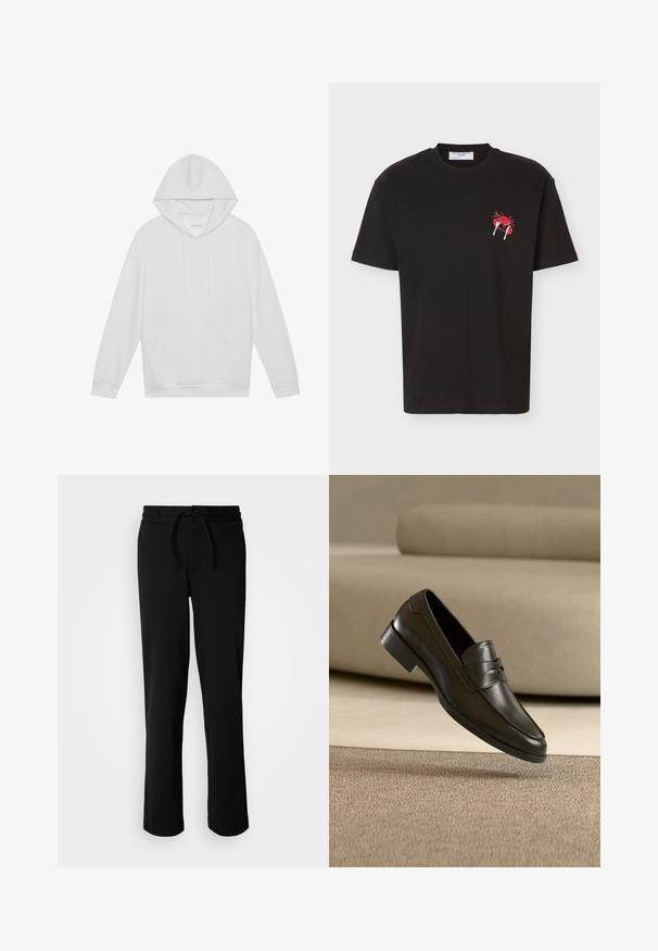 Hvid langærmet hoodie med foran lomme og snøre, lagt fladt på en ensfarvet baggrund, med en etiket der siger "Pier One" indeni kraven.; Sort T-shirt med korte ærmer med en lille rød krabbe, der holder en gaffel og ske på øverste venstre bryst.; Sorte sweatpants med snor i taljen, lavet af blødt og strækbart stof. Har en afslappet pasform med lige ben og uden synlige lommer.; Sort lædersko med slip-on design, svævende over beige tæppe med beige sofa i baggrunden, der fremhæver klassisk herrestil.