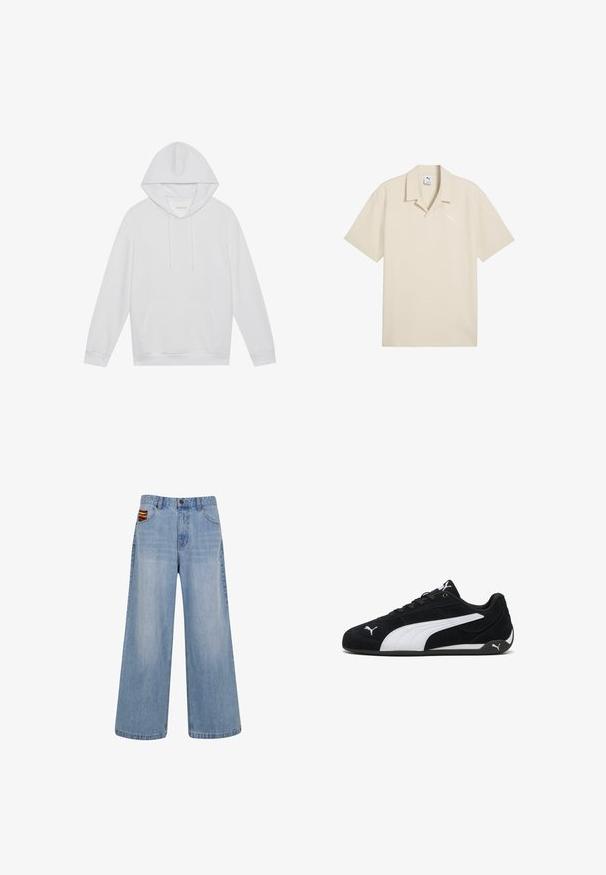 Hoodie blanco de manga larga con bolsillo frontal y cordones, extendido sobre un fondo liso, etiqueta que dice "Pier One" dentro del cuello.; Polo de manga corta beige con una textura suave, cuello abierto y un sutil logo de Puma en el pecho izquierdo.; Jeans de pierna ancha en azul claro con cintura alta y un pequeño detalle tejido colorido asomando del bolsillo delantero derecho.; Zapatillas deportivas de ante negro con una franja lateral blanca, detalles de marca en blanco, suela plana negra y cordones negros.