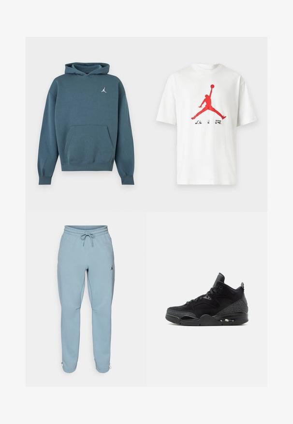 Tumma teal-värinen hupullinen collegepaita, jossa edessä kengurutasku ja vasemmassa rinnassa pieni valkoinen Jumpman-logo.; Valkoinen lyhythihainen T-paita, jossa on punainen siluetti hyppäävästä koripalloilijasta ja edessä alla sana "AIR".; Vaatekankaita pehmeistä materiaaleista valmistetut vaaleansiniset verkkarit, joissa on joustava vyötärönauha ja kiristysnauha, sivutaskut sekä pieni musta logo reiden kohdalla.; Mustat korkeavartiset lenkkarit, joissa edessä nauhat, kuvioidut sivupaneelit, näkyvä ilmakumipohja ja pehmustettu nilkkakaulus valkoisella taustalla.