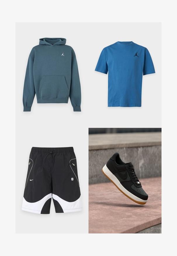 Sötét türkizkék kapucnis pulóver elöl kenguruzsebbel és apró, fehér Jumpman logóval a bal mellrészen.; Kék rövid ujjú, kerek nyakú póló, a bal felső mellrészen egy kis fekete kosárlabdázó logóval.; Fekete-fehér Nike sportnadrág elasztikus derékrésszel, húzózsinórral, cipzáras oldalzsebekkel és fényvisszaverő szegéllyel az elülső paneleken.; Fekete alacsony szárú sportcipő fehér középtalppal, gumitalppal és Nike logóval, rózsaszín betonfelület fölött lebegve, kőfal háttérrel.
