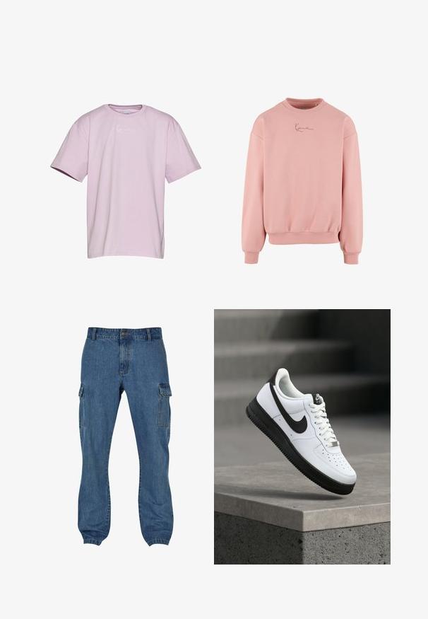 Lyserød sweatshirt med lange ærmer, ribbet manchetter og kant samt lille kursivlogo centreret nær halsudskæringen.; Lavendel kortærmet t-shirt lavet af bomuld, med et hvidt logo på brystet, afslappet pasform og rund halsudskæring.; Blå cowboybukser i cargo-stil med sidelommer, løs pasform og knaplukning i taljen. Struktureret stof med synlige sømme.; Hvid lædersneaker med sorte detaljer, rundet tå og perforerede detaljer. Sort gummisål med tekstureret mønster og snørelukning.