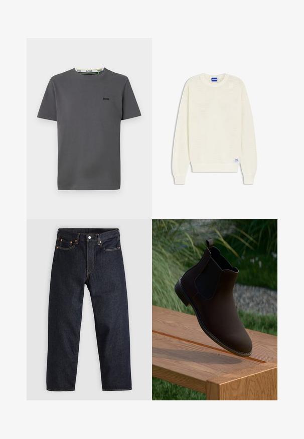 Suéter de punto color crema con mangas largas, puños y dobladillo acanalados, que presenta una etiqueta azul con la palabra "HUGO" en el escote y el dobladillo inferior.; Camiseta gris de manga corta hecha de algodón, con cuello redondo y un logotipo destacado en el lado izquierdo del pecho, además de una etiqueta contrastante en el cuello interior.; Jeans de denim azul oscuro con corte recto, cinco bolsillos, costuras en naranja contrastante y cierre de botón. Sin patrones ni adornos visibles.; Botín de cuero marrón hasta el tobillo con paneles laterales elásticos, punta redonda, tacón bajo y una pestaña para facilitar su colocación, reposando sobre una superficie de madera.