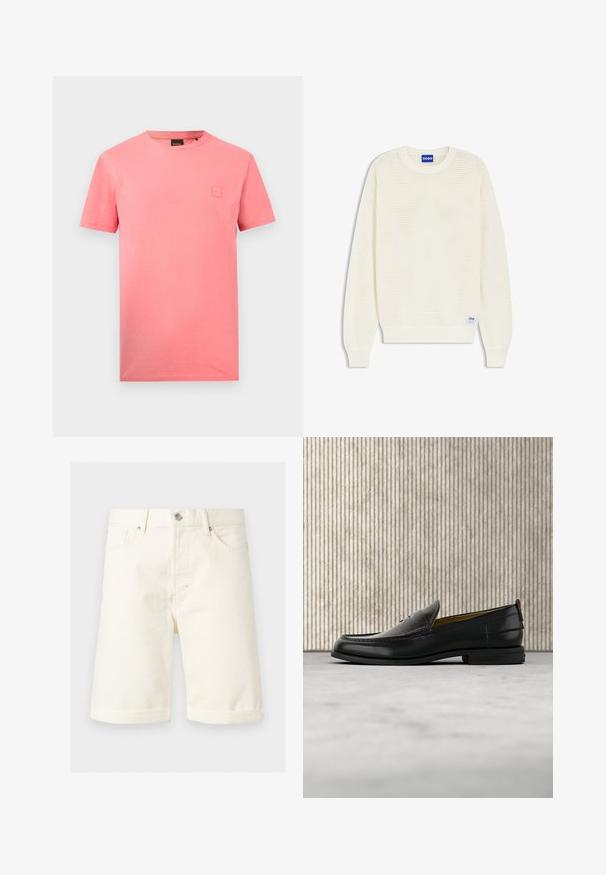 Pull à manches longues en maille de couleur crème avec poignets et ourlet côtelés, doté d'une étiquette bleue "HUGO" au niveau de l'encolure et de l'ourlet inférieur.; T-shirt rose uni manches courtes col rond avec un petit patch logo carré sur la poitrine gauche et une étiquette noire de marque au col.; Short en denim couleur crème jusqu'aux genoux avec poches avant, passants de ceinture, fermeture par bouton et ourlets retournés.; Mocassin pour homme en cuir noir avec un dessus embossé effet croco et un petit talon, présenté de profil sur un fond neutre.