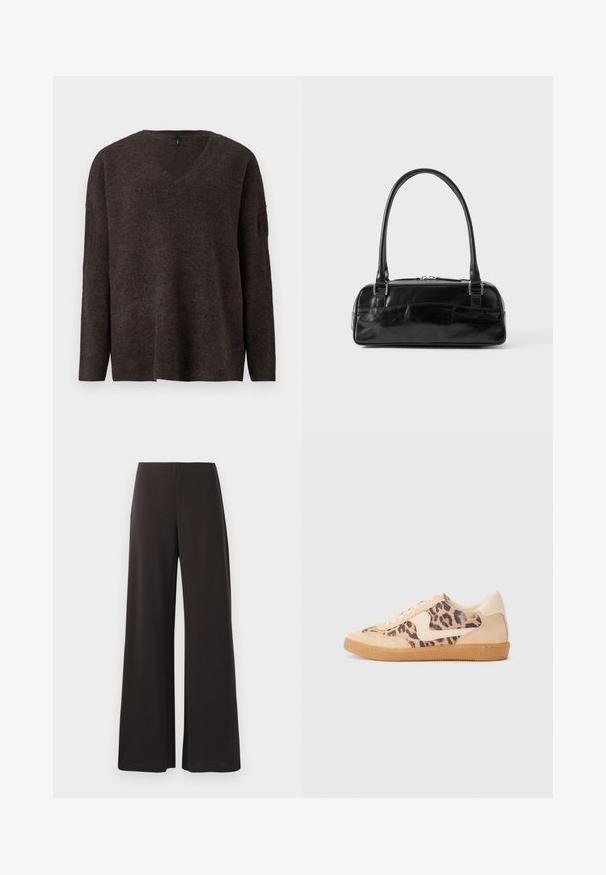 Mørkebrun, v-hals sweater med lange ærmer og løs pasform. Blød tekstur og let ribbede manchetter og kant. Ingen synlige logoer.; Sorte breddebenbukser lavet af glat, strækbart stof. Har en høj talje og et rent, minimalistisk design uden synlige lukninger.; Leopardprint sneakers med beige ruskindsoverdel, tan gummisål og hvide detaljer. Rund pegefinger og snørebåndsdesign med en tekstureret finish.; Sort læderhåndtaske med rektangulær form, der har et enkelt struktureret håndtag, sølvhardware og lynlås-lukning. Glat tekstur.