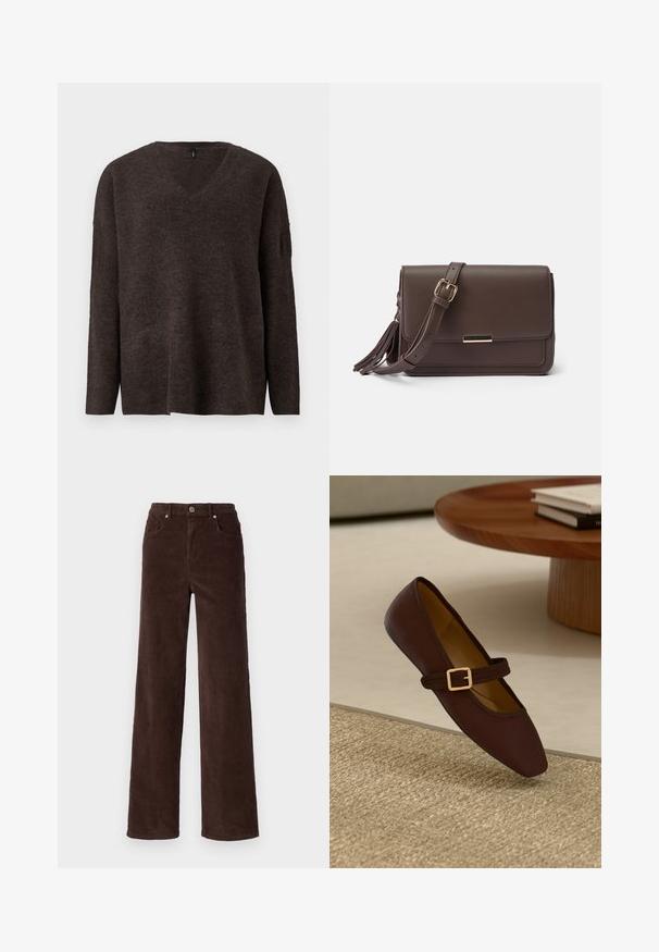 Tumepruun v-kaelusega sviiter pikkae varrukatega ja lõdva lõikega. Pehme tekstuur ja kerge soonikvarrastega cuffs ja ääre juures. Ilma nähtavate logodeta.; Vero Moda VMTESSA WIDE PANTS - Püksid - chocolate torte; Pruunist nahast lapik king, millel on terav nina ja dekoratiivne rihm, millel on kuldne lukustus. Soe beež kudumistruktuuri taust.; Pruun faux nahast ülekande kott, millel on klapp sulgemine, kuldse tooni riistvara ja küljetasku detailid. Reguleeritav rihm mitmekesiste kandmisvõimaluste jaoks.