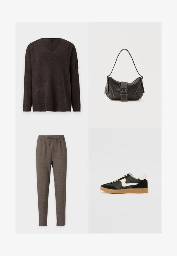 Mørkebrun, v-hals sweater med lange ærmer og løs pasform. Blød tekstur og let ribbede manchetter og kant. Ingen synlige logoer.; Brune tapered bukser med snøre i taljen og båndsøm, lavet af tekstureret stof, vist på en hvid baggrund.; Sorte ruskinds- og lædersneakers med en cremefarvet side-swoosh og lys cremefarvet hæl. Har beige snørebånd og en gummirubber-sål.; Sort læder skuldertaske med spænde på remmen, afrundede kanter og kontrasterende hvide syninger på en ensfarvet baggrund.