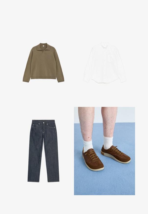 Pull en maille vert olive à manches longues avec col plat et encolure en V, présenté sur fond blanc.; Chemise blanche à manches longues en coton. Dotée d'un col classique, d'une poche frontale et d'une base arrondie. Texture lisse, sans motifs.; Jean droit bleu foncé avec cinq poches, coutures blanches visibles, et fermeture par bouton et zip.; Baskets marron en daim et en cuir, dotées d'une semelle en caoutchouc, d'une forme arrondie et de six œillets avec des lacets marron assortis.