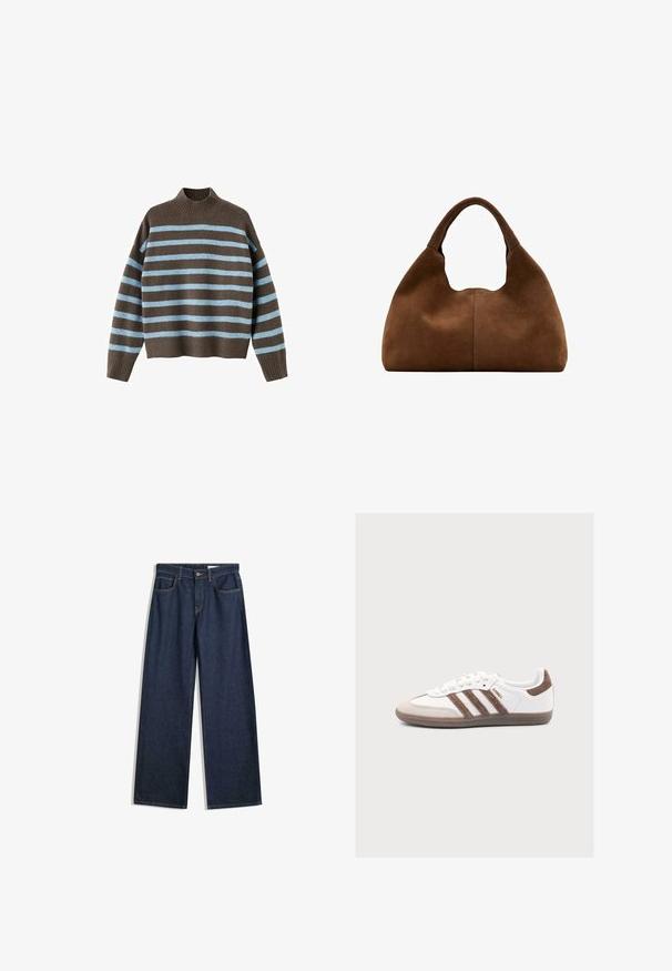 Pull en tricot marron avec des rayures horizontales bleu et marron foncé, col et ourlet côtelés. Coupe décontractée et manches longues. Texture douce.; Jean en denim sombre à jambes larges avec cinq poches, coutures visibles et fermeture à bouton. Présente une coupe droite et un léger effet vieilli.; Baskets blanches Adidas Samba avec des bandes en daim marron, un bout en daim marron et une semelle en gomme sur fond gris clair.; Sac hobo en daim marron avec une anse large et arrondie et une forme souple et décontractée sur un fond blanc.
