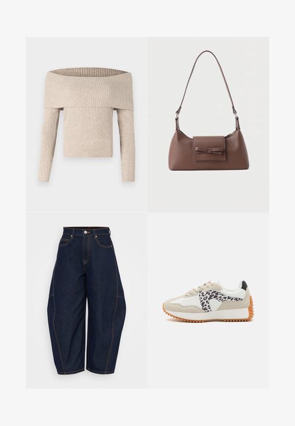Beige ribstrikket off-shoulder langærmet sweater med bred foldet halsudskæring og tætsiddende silhuet.; Mørkeblå denim brede ben jeans med høj talje, kontrasterende orange syninger og forlommer. Har en knaplukning og bæltestropper.; Beige og hvid sneaker med et leopardtryk-panel, tekstureret ruskind og gummisål med riller for greb. Snørebånd og polstret krave inkluderet.; Brun skuldertaske i læder med en frontlomme med klap, der har en sydd sløjfedetalje, og en justerbar rem.