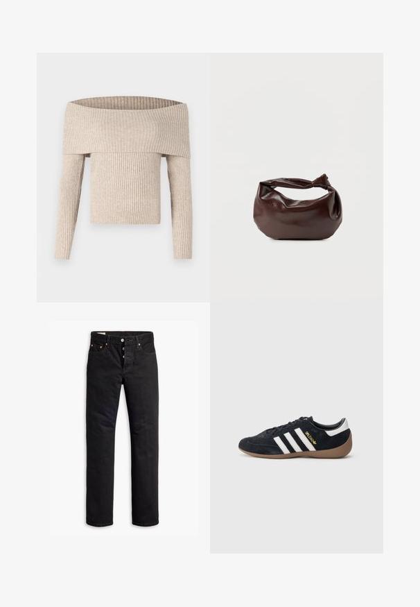 Beige geribbelde gebreide trui met lange mouwen en een off-shoulder ontwerp, voorzien van een brede omgeslagen halslijn en een aansluitende pasvorm.; Zwarte denim jeans met een rechte snit, vijf-pocket ontwerp en een knoopsluiting. Beschikt over koperen klinknagels en stikselaccenten.; Zwarte suède sneaker met drie witte strepen, een rubberen gumzool en een klein gouden logo aan de zijkant. Heeft een gladde zwarte binnenvoering.; Donkerbruine leren schoudertas met een zachte, slungelige vorm en een gedraaide knoopvormige handgreep op een effen witte achtergrond.