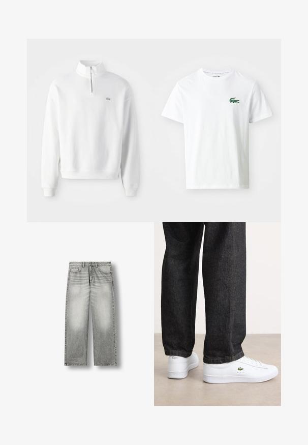 Witte sweatshirt met halve ritssluiting, lange mouwen en geribde manchetten. Heeft een klein logo op de borst en een ontspannen pasvorm.; Lacoste T-shirt print - white/green; Grijs verbleekte rechte spijkerbroek met voorzakken, riemlussen en een knoopsluiting op een witte achtergrond.; Witte leren sneakers met een laag profiel en een groen logo, gecombineerd met donkere spijkerbroek met gele stiksels.