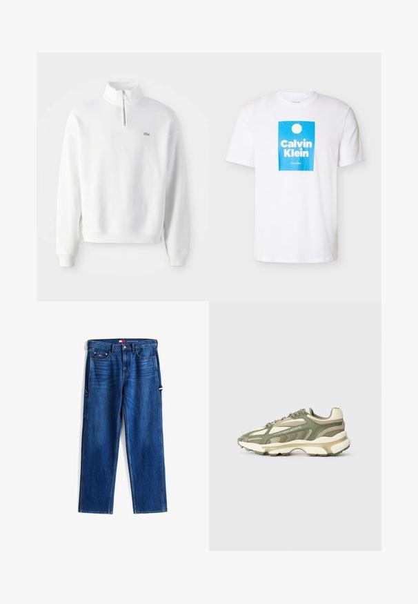 Weißes Sweatshirt mit halbem Reißverschluss am Kragen, langen Ärmeln und gerippten Bündchen. Es hat ein kleines Logo auf der Brust und ein lockeres Design.; Weißes T-Shirt mit kurzen Ärmeln und einem blauen rechteckigen Motiv, das einen weißen Kreis und den Schriftzug "Calvin Klein" in fetten weißen Buchstaben zeigt.; Blaue Jeans aus Denim mit mittelhohem Bund, geraden Beinen und Seitentaschen. Verfügt über Steppdetails und ein kleines Logo-Patch am Bund.; Grüne und beige Sportschuhe mit Obermaterial aus Mesh und Wildleder, strukturiertem Mittelsohlenbereich, sichtbarem Schnürsystem und geprägtem Logodetail.