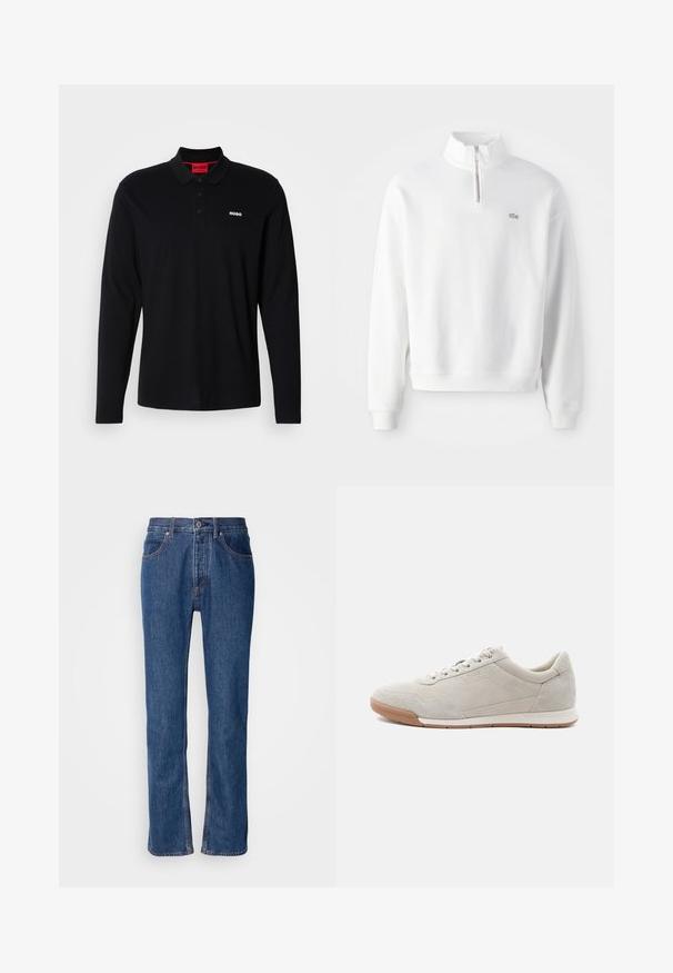 Hvid sweatshirt med halv-zip krave, lange ærmer og ribbede manchetter. Har et lille logo på brystet og en afslappet pasform.; Sort langærmet polo skjorte lavet af bomuld, med en rød krave og tre-knap lukning, samt et hvidt "HUGO" logo på brystet.; Blå denimjeans med lige snit, fem-lomme-design og lys syning. Har lynlås og knaplukning foran.; Lyse beige ruskindssneaker med hvide snørebånd, gummisål og subtile syningsdetaljer, vist fra venstre side på en hvid baggrund.