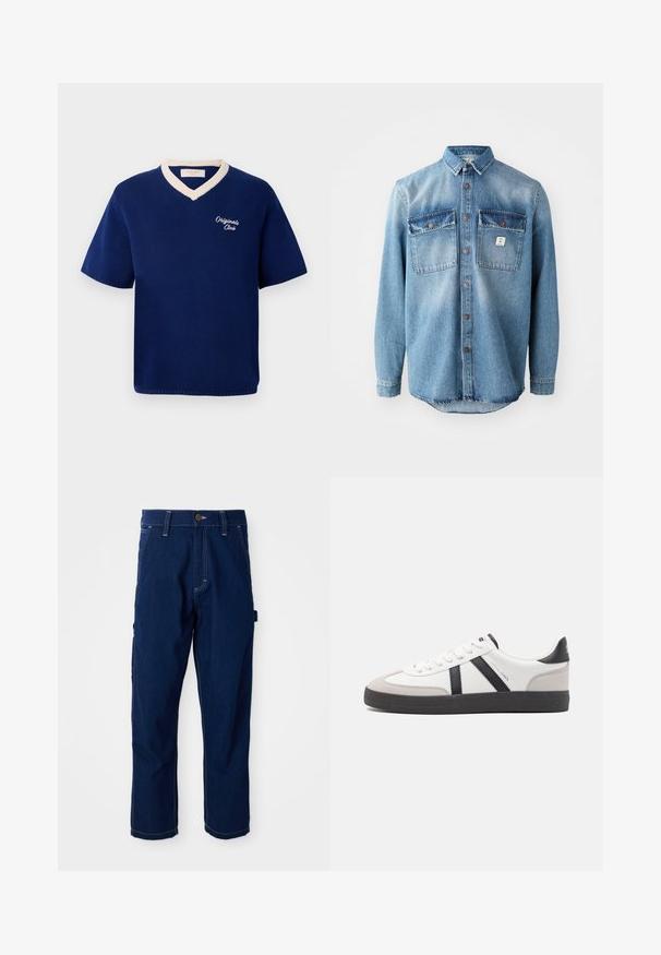 Marineblaues kurzärmeliges Strickshirt mit cremefarbener V-Ausschnitt-Bordüre und "Originals Club"-Stickerei auf der linken Brust.; Hellblaues Jeanshemd mit langen Ärmeln, zwei Brusttaschen, durchgehender Knopfleiste und kontrastierenden, dunkleren Taschenoberteilen. verfügt über einen abgerundeten Saum.; Dunkelblaue gerade geschnittene Jeans-Arbeitshosen mit weißen Nähten, Gürtelschlaufen, Fronttaschen und einer seitlichen Utility-Schlaufe auf weißem Hintergrund.; Weiße Sneaker mit schwarz- und grau-aczenten, ausgestattet mit einer strukturierten grauen Zehenkappe, schwarzer Gummi-Sohle und flachen weißen Schnürsenkeln. Sauberes Design, minimalistische Stil.