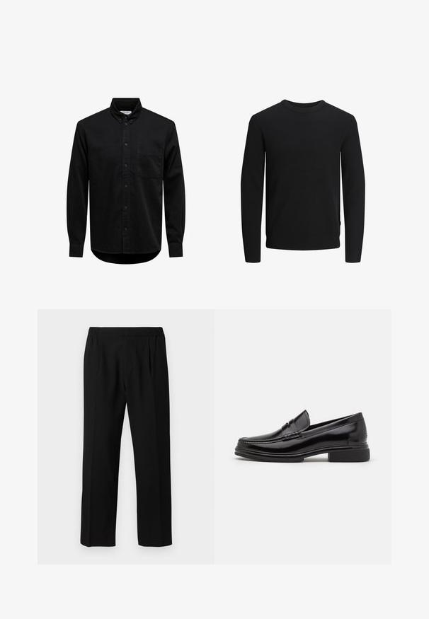 Pull en tricot côtelé noir avec des manches longues et un col rond. Présente une texture lisse et un accent sur l'ourlet latéral.; Chemise noire à manches longues avec boutons, col boutonné et poche poitrine, présentée sur fond blanc.; Pantalons noirs en tissu lisse, avec une ceinture élastique, un design à jambes droites et deux plis avant pour plus de détails.; Mocassins en cuir noir avec un embout arrondi, présentant un détail cousu sur le dessus, et un petit talon carré. Texture lisse et finition brillante.