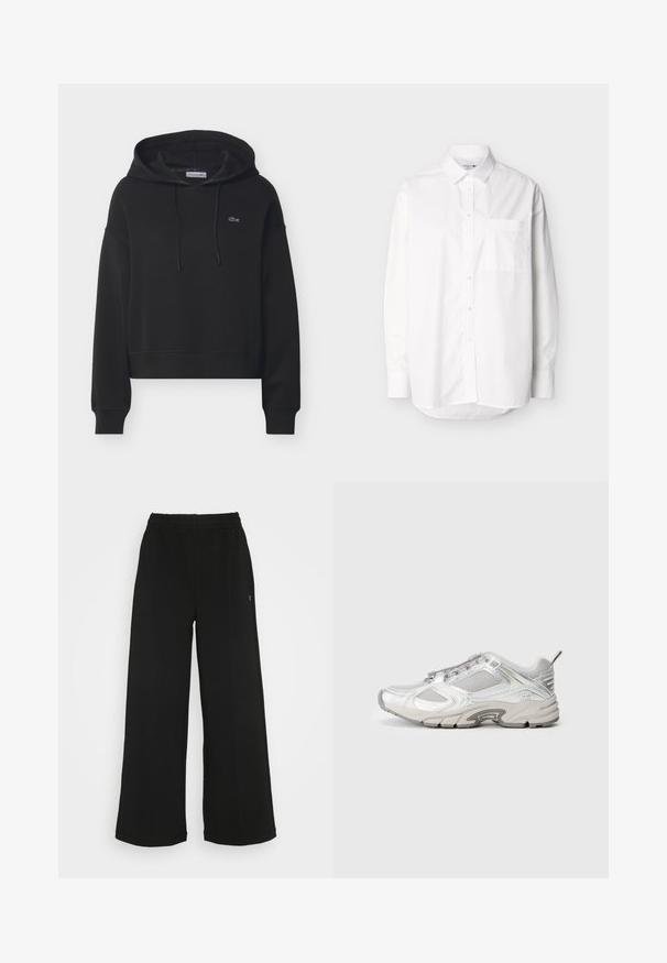 Sort pullover-hoodie med frontlomme, snørejusteret hætte, ribkanter ved ærmerne og lille broderet logo på brystet.; Hvid langærmet skjorte med knapper, forlommer og klassisk krave, vist mod en ensfarvet lys baggrund.; Sorte brede bukser med elastisk talje. Fremstillet af et blødt, let materiale. Har lodrette syninger foran.; Løbesko i hvidt mesh med metalliske accenter, teksturerede overlay og en tyk sål. Udstyret med snørebånd foran og en trækflap bagpå.