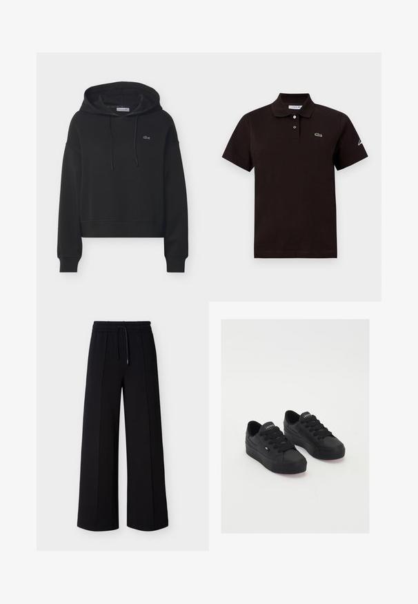 Sudadera negra con capucha tipo pulóver, bolsillo frontal, capucha con cordón, puños acanalados y pequeño logo bordado en el pecho.; Polo negro de manga corta con dos botones, pequeño logotipo verde de cocodrilo en el pecho izquierdo y texto en escritura blanca en la manga derecha.; Pantalones negros de pierna ancha hechos de tela suave, con una cintura elástica con cordón y costuras laterales para un ajuste relajado.; Zapatillas bajas negras de material suave, con cordones gruesos, una suela texturizada y un pequeño logo en el lateral y la lengüeta.