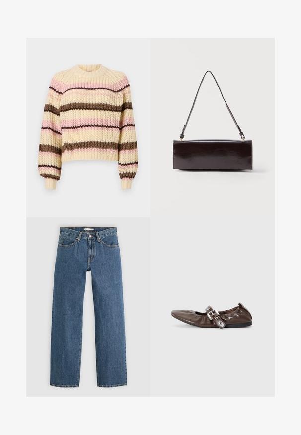 Striktrøje med rund halsudskæring, prydet med vandrette striber i creme, pink og brun. Nedsatte skuldre og ribbede manchetter. Tekstureret finish.; Blå denim jeans med lige pasform, der har fem lommer, knaplukning og kontrastsyninger langs sømmene.; Brun lakeret flad sko med spids tå, elastisk sløjfedetalje og en sølvspændeaccent på siden. Sort gummisål.; Rektangulær sort læderhåndtaske med en enkelt lang rem og blank finish, vist mod en ensfarvet hvid baggrund.