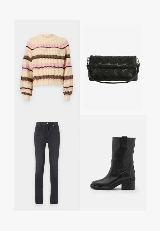 Pull en tricot avec un col rond, orné de rayures horizontales en crème, rose et marron. Épaules tombantes et poignets côtelés. Fini texturé.; Jeans skinny noirs taille haute, en denim extensible, avec passants de ceinture, coutures minimales et un design classique à cinq poches.; Nubikk CASSY SLOUCH - Bottes de cowboy / motard - black; Pochette en cuir tressé noir avec une forme arrondie, fermeture à rabat et une bandoulière amovible. Texture lisse avec des motifs en relief.