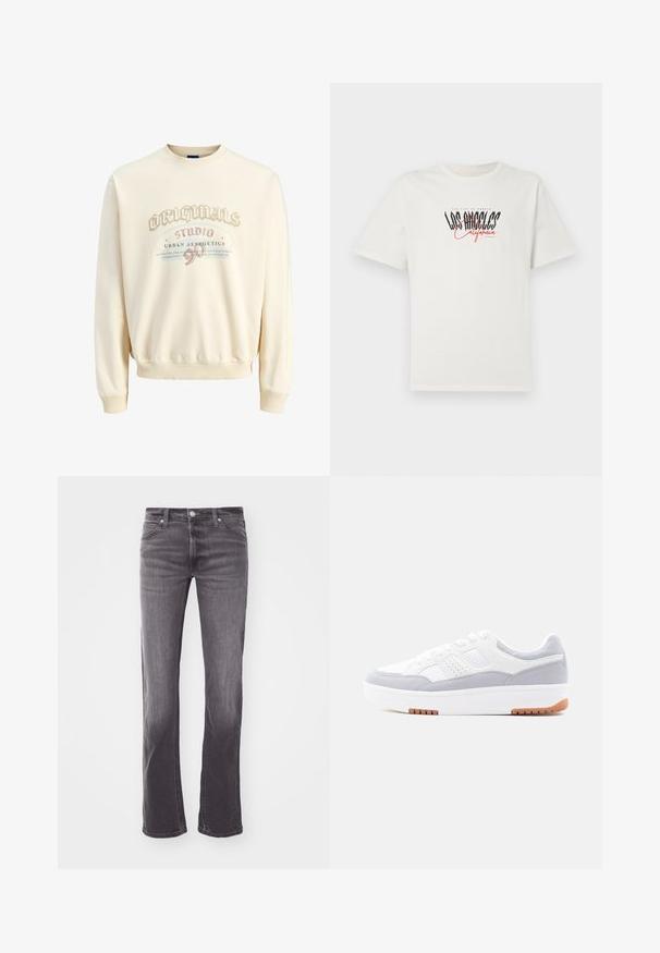 Cremefarbenes Sweatshirt mit gerippten Bündchen und Saum. Enthält ein gedrucktes Textdesign in gedämpften Farben. Weicher Stoff mit lässiger Passform.; Weißes Baumwoll-T-Shirt mit kurzen Ärmeln und rundem Ausschnitt. Mit schwarzem und rotem Grafikdruck "Los Angeles California". Schlichte, lockere Passform.; Nahaufnahme von schwarzen Denim-Jeans auf der Rückseite mit Lee-Lederpatch und kleinem Stofflabel, getragen mit einem in die Hose gesteckten weißen Hemd.; Weißer und hellgrauer Sneaker mit niedrigem Schnitt, perforierten Details, weißen Schnürsenkeln, dicker Sohle und gumfarbener Laufsohle, profilseitig vor weißem Hintergrund gezeigt.