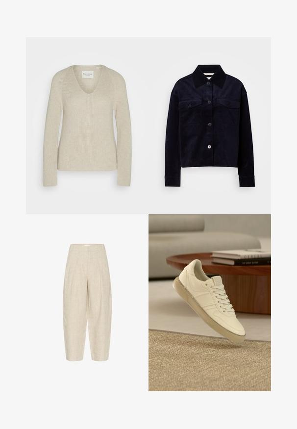 Beige strikket sweater med V-udskæring, lange ærmer og en afslappet pasform, der har et tekstureret stof og subtile ribbede detaljer.; Mørkeblå kordfløjlsjakke med stor spids krave, knaplukning foran og to klapbrystlommer med knapper.; Beige linnedbukser med løs pasform, der har folder ved taljen, cropped længde, og et tekstureret, vævet stof.; Hvid lædersneaker med snøredesign, teksturerede detaljer og en gennemsigtig gummisål, vist over en vævet overflade.