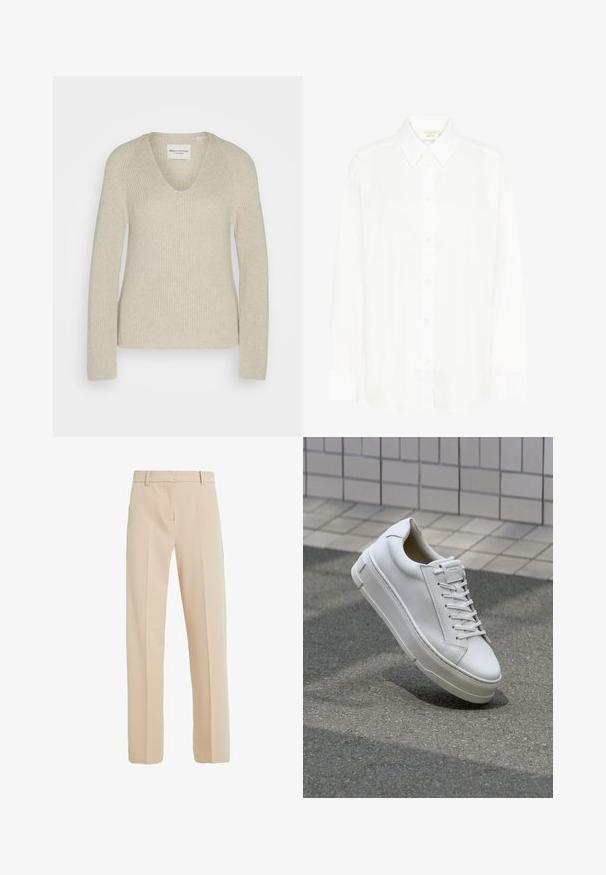 Beige gebreide trui met een V-hals, lange mouwen en een relaxte pasvorm, met een textuurstof en subtiele ribbeldetails.; Witte blouse met lange mouwen, knoopsluiting voor, een klassieke kraag en een reguliere pasvorm. Gemaakt van gladde stof, met acht knopen aan de voorkant.; Beige op maat gemaakte broeken van gladde stof, met een rechte pijp, zijzakken en plooi-details aan de voorkant.; Witte leren sneaker met een low-top ontwerp, platte veters, ronde neus en textuur zijden. Dikke rubberen zool met subtiele accenten.