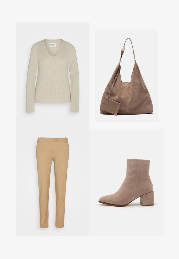 Beige gebreide trui met een V-hals, lange mouwen en een relaxte pasvorm, met een textuurstof en subtiele ribbeldetails.; Beige chino's van lichtgewicht stof, met een slim fit, standaard tailleband, riemlussen en voorzakken. Glad textuur.; Beige suede enkelboot met een spitse neus en een chunky vierkante hak. Het oppervlak is glad met een zachte textuur en minimale details.; Zign by Zalando LEATHER - Shopper - light brown