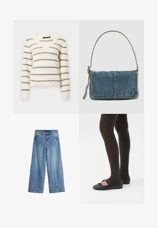 Creme strikket sweater med grå vandrette striber, V-udskæring, lange ærmer og ribkantede ærmer for tekstur og pasform.; Lysblå, brede jeans i denim med høj talje, markante syninger og lappe-lignende detaljer på baglommerne.; Ben iført mørke ribbede leggings kombineret med sorte balletsko med små sløjfedetaljer på hvid baggrund.; Denim skuldertaske med fold-over design, lys blå farve, synlige sømme, justerbar rem og en sidelabel-detalje.