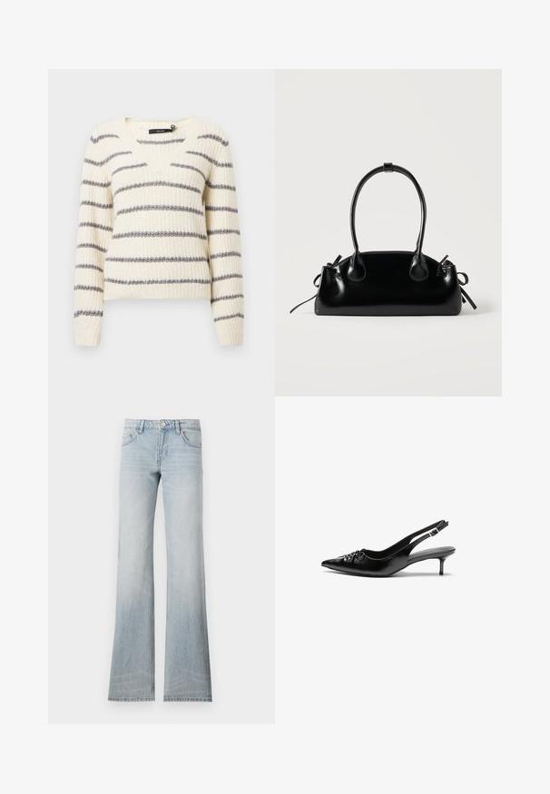 Creme strikket sweater med grå vandrette striber, V-udskæring, lange ærmer og ribkantede ærmer for tekstur og pasform.; Lyseblå denim flared jeans med en slidt finish, fem lommer og knaplukning. Stoffet har en glat tekstur og let stræk.; Sorte læder slingback-pumps med spids tå, lav kitten-hæl og rynket detalje på overdelen. Glat tekstur og minimalistisk design.; Lille sort blank håndtaske med to lange håndtag og snøre-detaljer i siden på en ensfarvet lys baggrund.