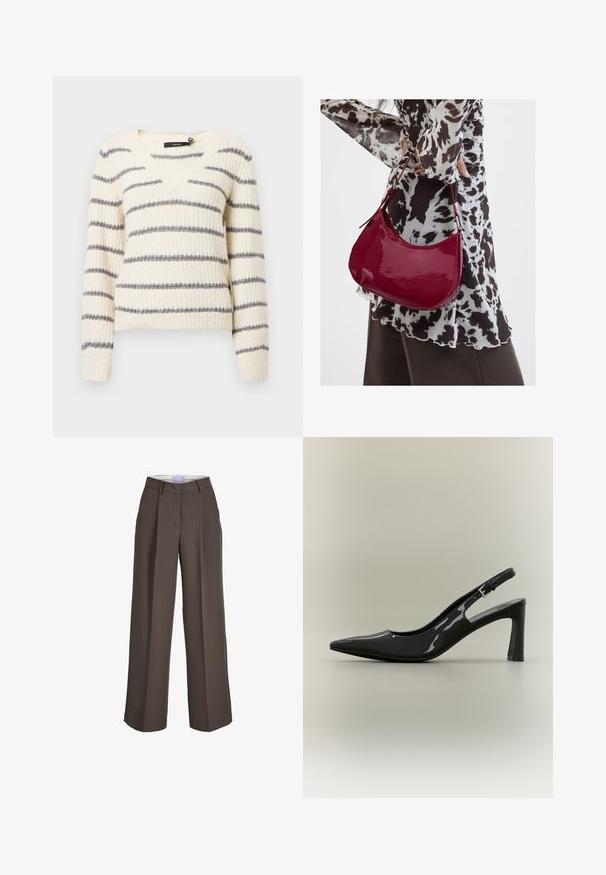 Creme strikket sweater med grå vandrette striber, V-udskæring, lange ærmer og ribkantede ærmer for tekstur og pasform.; Brune vidde bukser med bæltestropper, frontlige folder og en skjult lukning foran.; Sort laklæder slingback pumpt med spids tå, blokhæl i mellemstørrelse og justerbar spænde.; Kvinde iført en sort- og hvidmønstret bluse, der holder en blank rød skuldertaske mod en ensfarvet baggrund.
