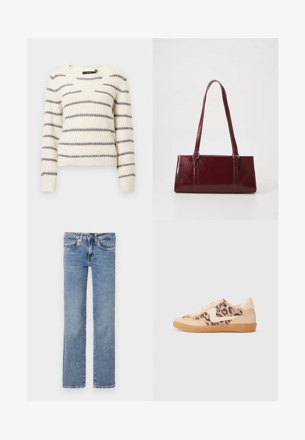 Creme strikket sweater med grå vandrette striber, V-udskæring, lange ærmer og ribkantede ærmer for tekstur og pasform.; Lyseblå denimjeans, straight-leg design, fem-lomme stil, knap- og lynlåslukning, med subtil falmning og en ren kant.; Leopardprint sneakers med beige ruskindsoverdel, tan gummisål og hvide detaljer. Rund pegefinger og snørebåndsdesign med en tekstureret finish.; Bordeaux håndtaske lavet af glansfuldt materiale, rektangulær form, med to skulderremme og subtile buede detaljer på forsiden.