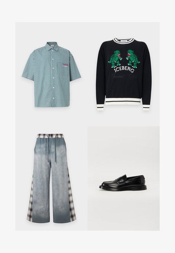 Pull noir avec bordure blanche, présentant deux dinosaures verts se faisant face au-dessus du texte « ICEBERG Social Club » sur la poitrine.; Chemise à manches courtes en vichy vert et blanc. Elle possède un devant à boutons, un col et une poche poitrine avec broderie rouge.; Pantalon gris à jambes larges avec taille à cordon et panneaux latéraux à motif à carreaux, combinant des éléments de design à la fois décontractés et élégants.; The Antipode COLLEGE - Mocassins - black
