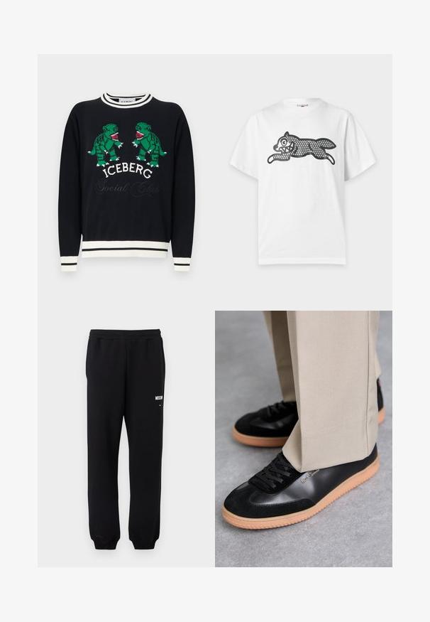 Black sweater with white trim featuring two green dinosaurs facing each other above "ICEBERG Social Club" text on the chest.; White short-sleeve T-shirt with a black stylized leaping animal design made of small circular patterns on the front.; Black sweatpants with elastic waistband and cuffs, featuring small white "Moschino" logo on the upper left thigh.; Paul Smith COMO - Trainers - black