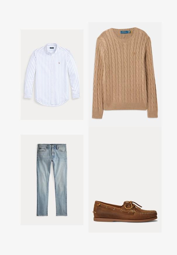 Beige strikket sweater med kabelmønster, rund halsudskæring, ribbede manchetter og kant. Har mærkets label på indersiden af halsen.; Langærmet skjorte med knapper, lyseblå lodrette striber og et lille broderet logo på venstre bryst.; Lyseblå denimjeans med klassisk femlommers design, bæltestropper og knaplukning, lagt fladt på en hvid baggrund.; Brun læder bådsko med mokasinsyning, snøredetalje træde gennem metaløjer og flad gummi sål vist fra siden.