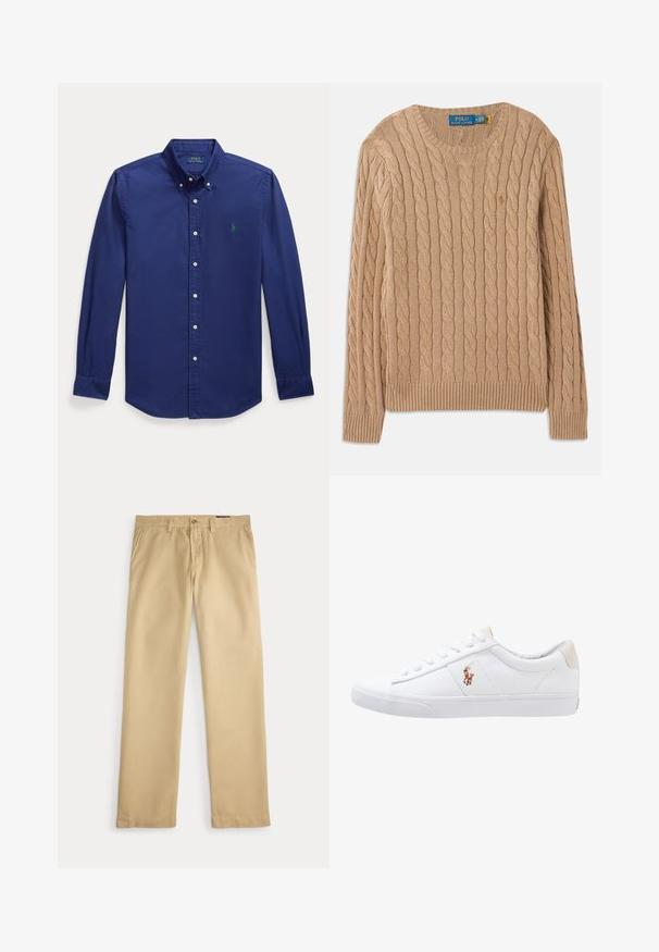 Suéter de punto beige con un patrón de trenzas, cuello redondo, puños y dobladillo acanalados. Presenta la etiqueta de la marca en el interior del cuello.; Camisa de botones de manga larga azul marino hecha de algodón. Presenta un collar puntiagudo y un pequeño logo bordado en verde en el lado izquierdo del pecho.; Pantalones beige de pierna recta con trabillas para cinturón, bolsillos laterales y una cintura abotonada sobre fondo blanco.; Zapatilla de lona blanca con diseño de corte bajo, que cuenta con un taco trasero beige y un pequeño logo bordado en el costado. Suela de goma.
