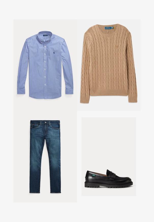 Beige gebreide trui met kabelpatroon, ronde halslijn, geribbelde manchetten en zoom. Bevat het merkembleem aan de binnenkant van de hals.; Blauw-wit verticale gestreepte blouse met lange mouwen, knopen en een button-down kraag, met Polo Ralph Lauren-logo op de borst.; Donkerblauwe slim-fit jeans met vooraan een knoop en ritssluiting, vijf zakken en subtiel vervagen op de voorkant van de dijen en knieën.; Zwarte leren loafer met dikke zool, afgeronde neus en een groene Polo logolabel aan de zijkant.