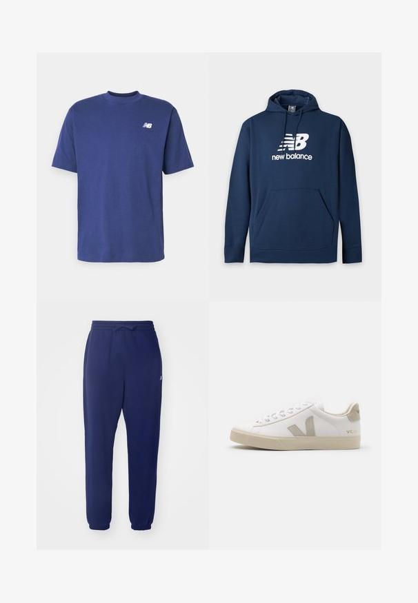 Námornícky modrá mikina s kapucňou s predným vreckom a bielym logom a textom New Balance na hrudi, vybavená nastaviteľnou šnúrkou na kapucni.; Bavlnené tričko vo tmavo námorníckej modrej farbe. Krátke rukávy, okrúhly výstrih, s malým bielym logom na ľavej hrudi. Hladká textúra, klasický strih.; Námornícka modrá, elastický pás, jogger nohavice s šnúrkou, zúžené nohy a rebrované manžety. Vyrobené z mäkkej tkaniny s minimálnym brandingom.; Biele kožené tenisky s béžovými akcentmi, plochá gumová podrážka, okrúly špička a kontrastné logo na boku a zadnej časti. S viazaním.