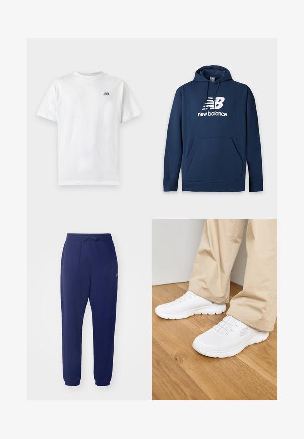 Marineblauwe hoodie met een voorkantzak en wit New Balance-logo en tekst op de borst, met een verstelbare capuchon met trekkoord.; Witte T-shirt met korte mouwen en ronde hals met een klein zwart New Balance-logo op de linker bovenkant van de borst op een effen lichte achtergrond.; Marineblauwe joggers met elastische tailleband en trekkoord, taps toelopende pijpen en ribgebreide boorden. Gemaakt van zachte stof met minimale branding.; Witte mesh sport schoenen met een gestructureerde bovenkant en elastische veters. De zool is gevoerd met een golfpatroon. Gemaakt met beige broek op een houten vloer.